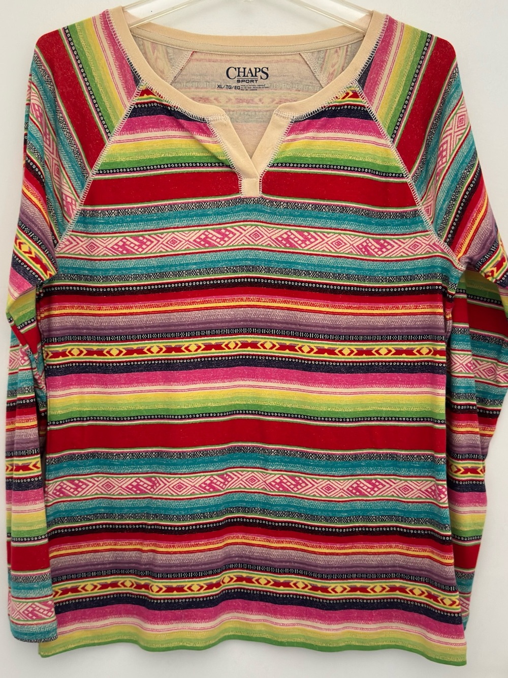 Chaps Red Multi-Stripe Notch-Neck Long Sleeve Top western - Picture 1 of 8